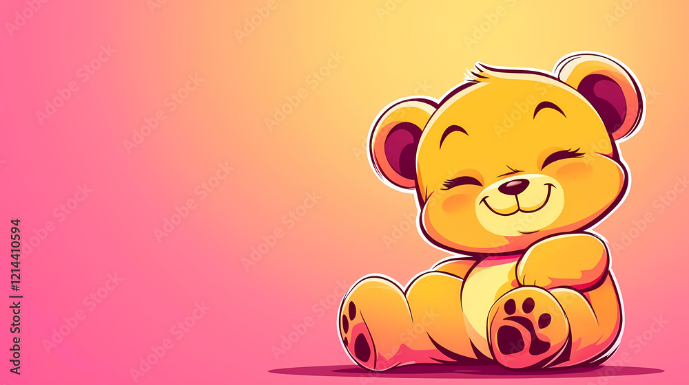 Fototapeta premium Happy smiling cartoon bear sitting, pastel background.