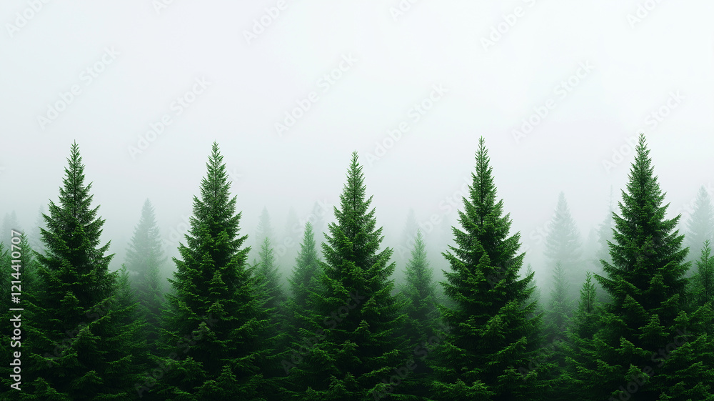 Fototapeta premium Misty morning in dense evergreen forest, showcasing tall trees shrouded in fog. serene atmosphere evokes sense of tranquility and connection to nature