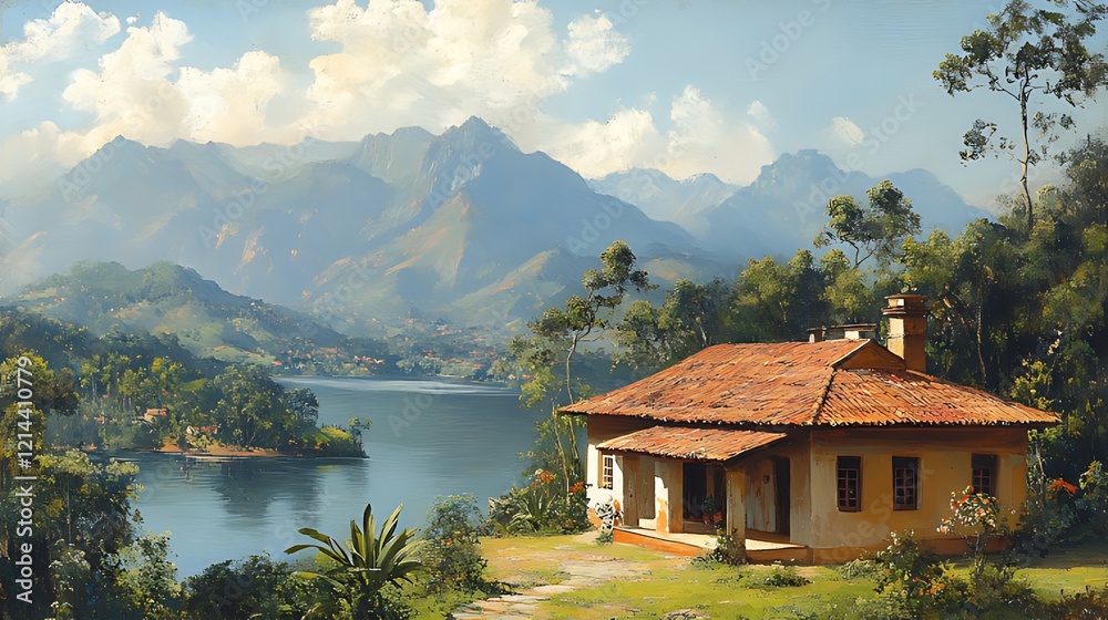 Naklejka premium Lakeside mountain house, tranquil view, scenic landscape, postcard