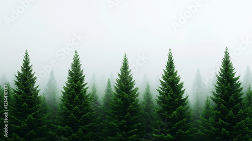 Misty morning in dense evergreen forest, showcasing tall trees shrouded in fog. serene atmosphere evokes sense of tranquility and connection to nature