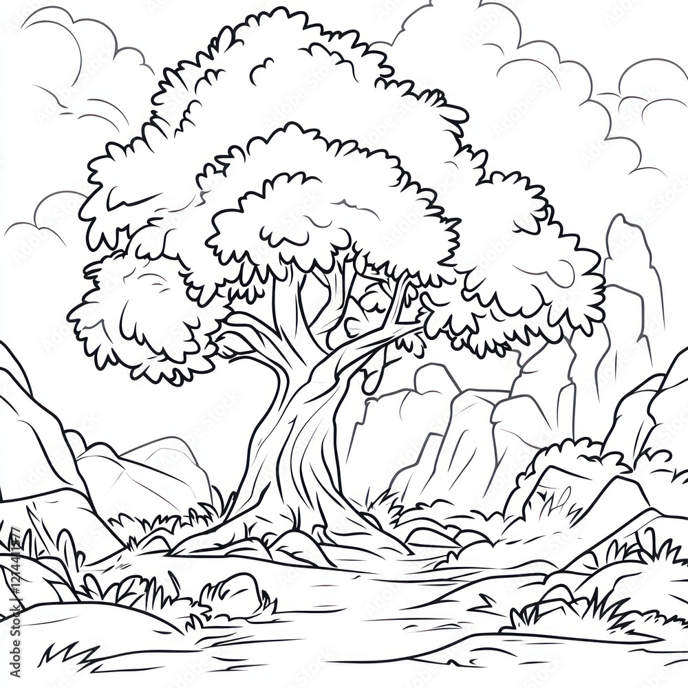 A Large Tree Stands Tall in a Rocky Landscape A Large Tree Stands Tall in a Rocky Landscape