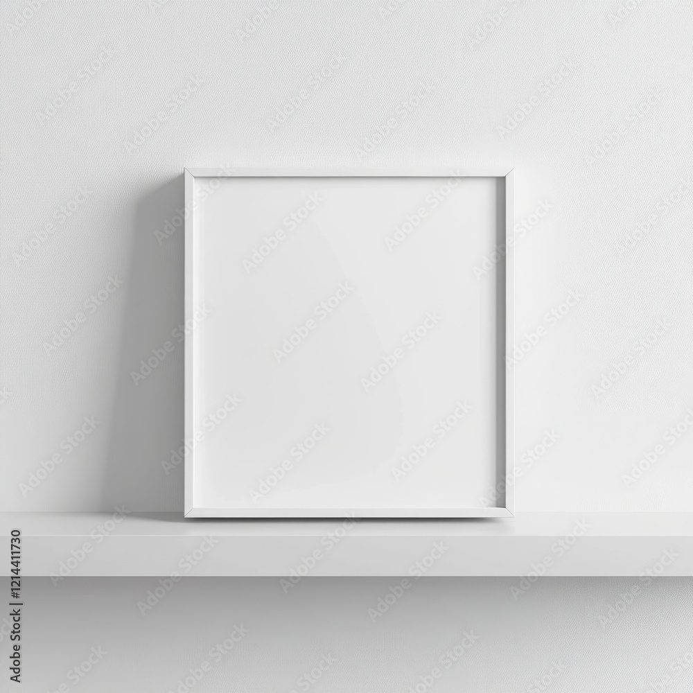 Blank Picture Frame on Minimalist Shelf Against White Wall Background Blank Picture Frame on Minimalist Shelf Against White Wall Background