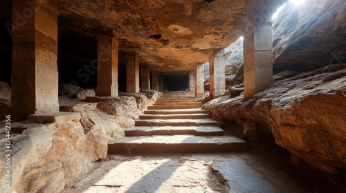 An ancient cave structure featuring stone pillars and steps, illuminated by natural light, creating a mystical atmosphere that evokes history and exploration. photo