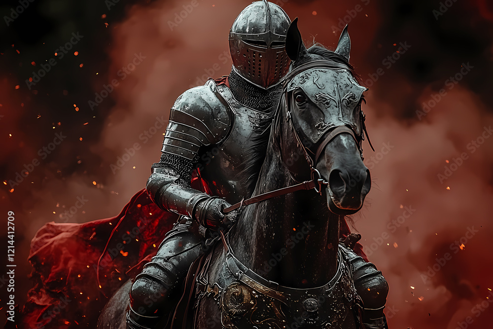 Naklejka premium A knight in full armor mounted on a majestic warhorse, ready for battle. The scene is dramatic and charged with energy
