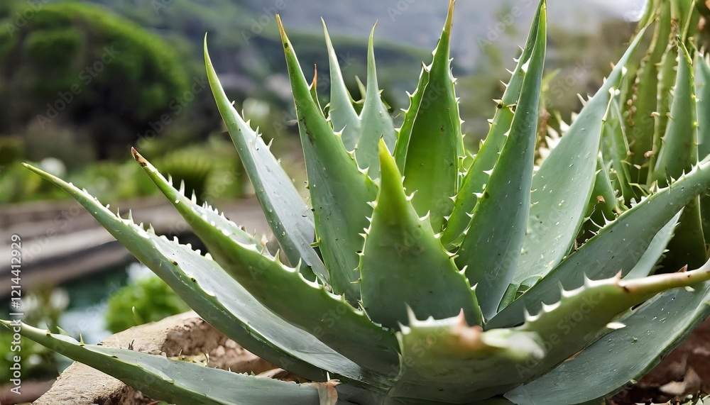 Fototapeta premium Close-Up of a Vibrant Aloe Plant Showcasing Its Thick, Spiky Green Leaves and Natural Healing Properties