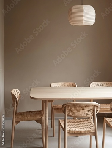 Wallpaper Mural A modern Scandinavian interior design from a residential dining room with minimalist interiors, pendant lights visible, and wooden dining tables and chairs. Generative AI
 Torontodigital.ca