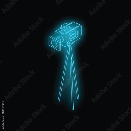 Neon blue outline of a video camera on a tripod is recording against a black background