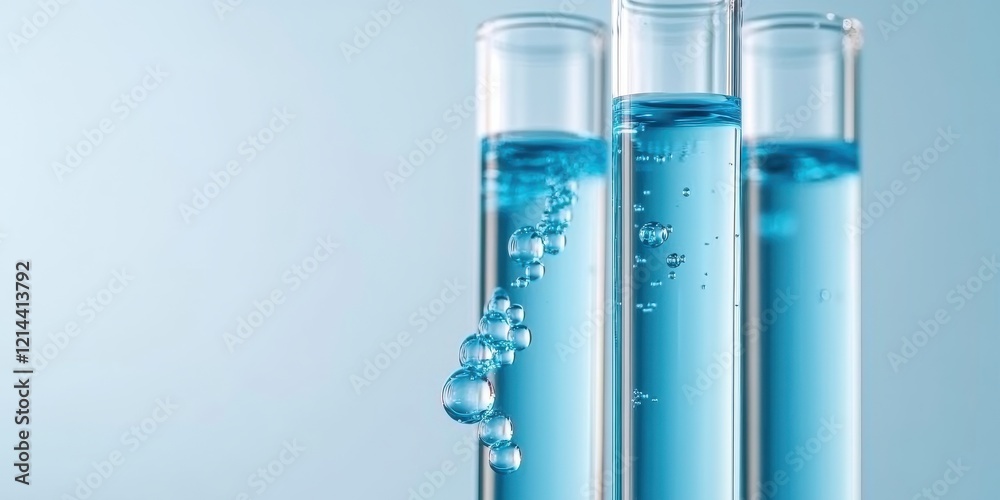 Three test tubes filled with blue liquid, showcasing bubbles and a clean, modern background, emphasizing scientific exploration. Three test tubes filled with blue liquid, showcasing bubbles and a clean, modern background, emphasizing scientific exploration.