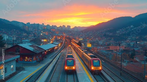 Sunset Cityscape Featuring Two Trains at a Station photo
