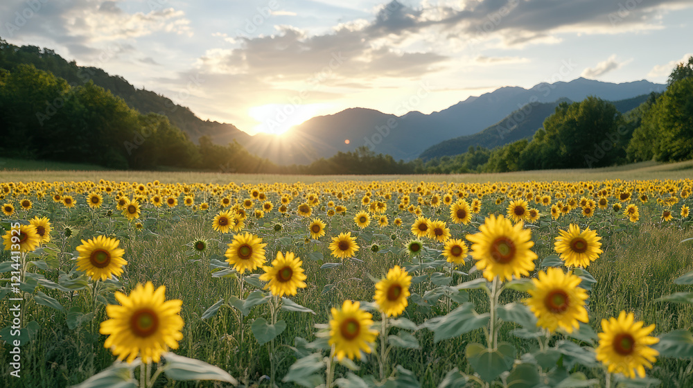Obraz premium field of sunflowers glowing in warm sunlight with mountains behind