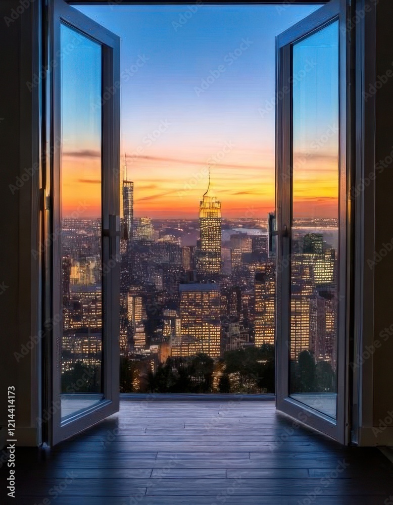 A view of the city from a window at sunset A view of the city from a window at sunset