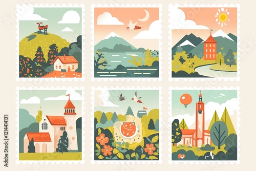 Wallpaper Mural Scenic landscape postage stamps with houses, churches, nature, and whimsical elements Torontodigital.ca