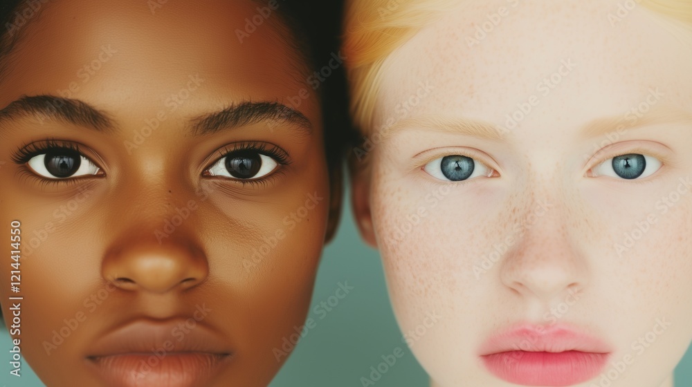 Fototapeta premium Two Faces, Different Cultures, Connected through Intense Gazes, Minimalistic Background