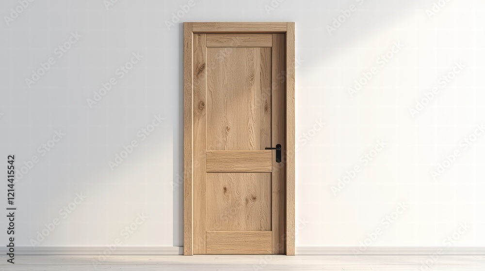 Light Oak Interior Door: A clean and simple light oak interior door with a two-panel design and black door handle, set against a minimalist backdrop.  The warm.