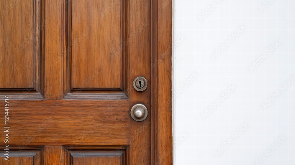 Obraz premium Rich Mahogany Door: A close-up shot of an elegant, six-panel mahogany door, showcasing its rich, warm tones and detailed craftsmanship. The door knob and keyhole are subtly featured.