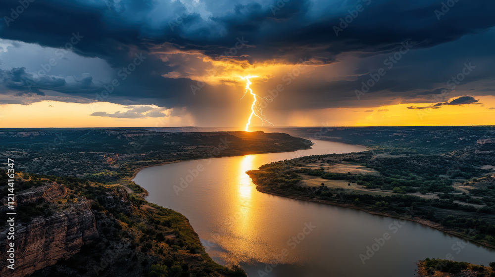 Obraz premium stunning lightning bolt strikes calm river at sunset, illuminating landscape
