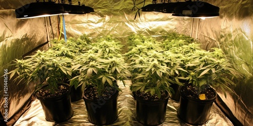 Indoor Cannabis Cultivation Plants under grow lights in a reflective tent.  Possible use Stock photo for horticulture