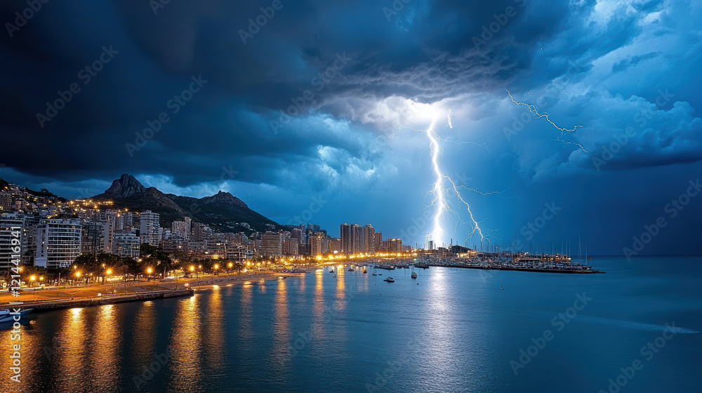 Fototapeta premium dramatic lightning storm illuminates bustling harbor at night