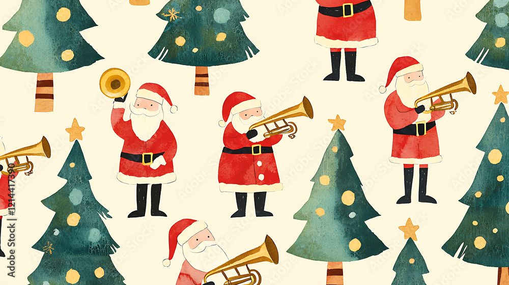 Santa Claus band plays trumpets amidst festive Christmas trees. Santa Claus band plays trumpets amidst festive Christmas trees.