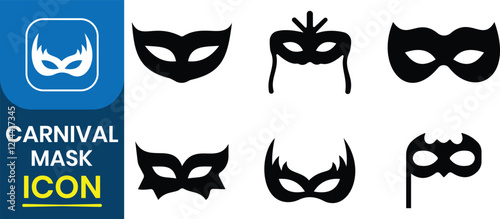 Carnival Face mask vector icon set. Feathers fan and magic, security and fraud topic, incognito theatre secret party masque, Scammer or thief mask. carnival villain or burger vector illustration.