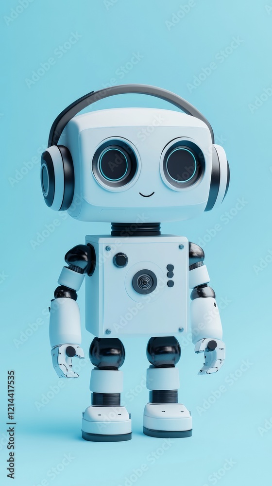 Friendly robot enjoying music through headphones, showcasing artificial intelligence and entertainment in a vibrant blue setting