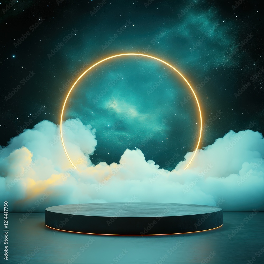 Obraz premium Ethereal Neon Circle Display Podium in Dreamy Cloudscape.