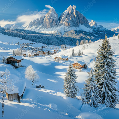 Christmas poster. Panoramic winter view of Alpe di Siusi village with Plattkofel peak on background. Amazing morning scene of Dolomite Alps. Stunning winter landscape of Ityaly, Europe. photo