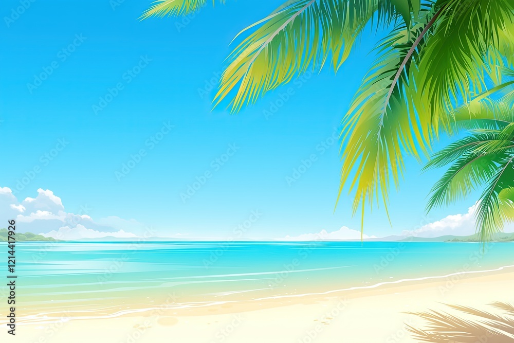 Fototapeta premium Tropical beach with palm trees, blue sky, and calm ocean