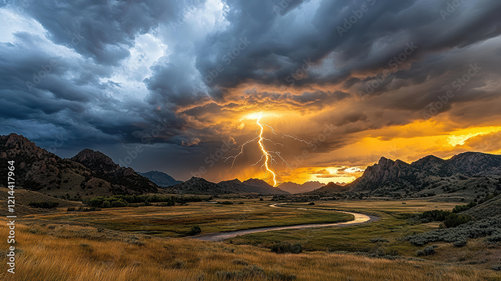 Fototapeta premium lightning storm illuminates vibrant sunset over mountains and river