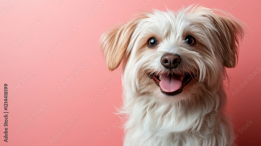 A joyful small dog eagerly smiling, set against a vibrant pink backdrop, radiating happiness and playfulness, inviting viewers to share in its delightful energy and charm. A joyful small dog eagerly smiling, set against a vibrant pink backdrop, radiating happiness and playfulness, inviting viewers to share in its delightful energy and charm.