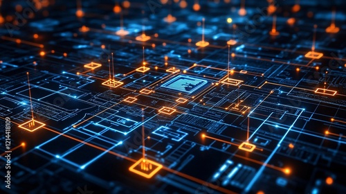 Wallpaper Mural Smart city network in low poly wireframe, showcasing building automation and a computer board design, set against a dark blue background with plexus connections. Torontodigital.ca