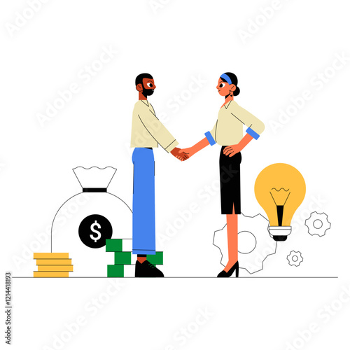 Male And Female Characters Shaking Hands Near Money Bag And Lightbulb In Flat Vector Illustration About Business Agreement, Financial Planning, And Innovation, Isolated On White Background