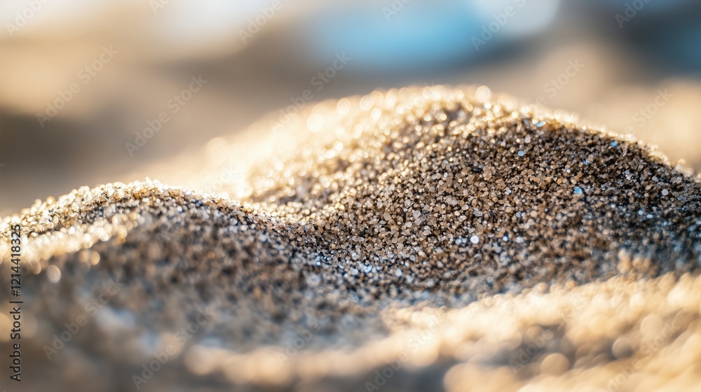 A close-up shot of beach sand with a blurred sea and sky background. A close-up shot of beach sand with a blurred sea and sky background.