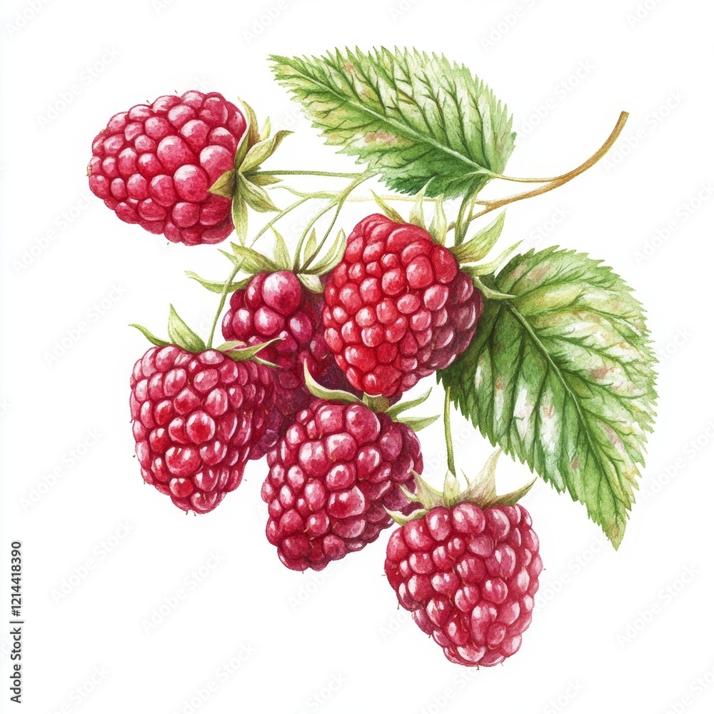 Fresh Raspberry Berries with Green Leaves on White Background Fresh Raspberry Berries with Green Leaves on White Background