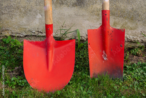 Red shovels resting against a gray wall in a grassy garden photo