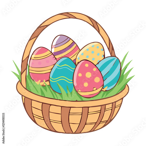 A woven Easter basket filled with colorful, decorated eggs, vector illustration