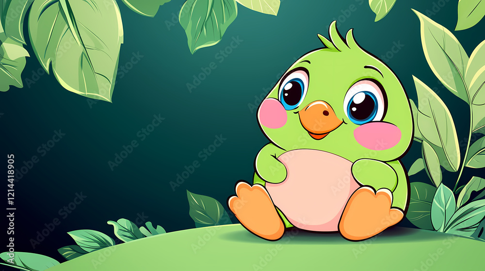 Fototapeta premium Adorable baby bird nestled in lush green foliage.