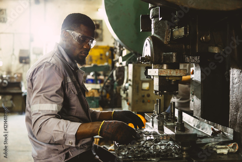 african black male worker working in heavy metal industry factory punching stamping steel machine