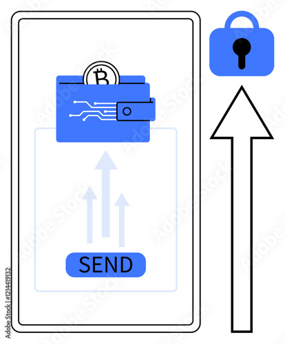 A digital wallet with Bitcoin smart contract coin. There is a send button below with an upward arrow next to a padlock. Ideal for mobile wallets cryptocurrency transactions online