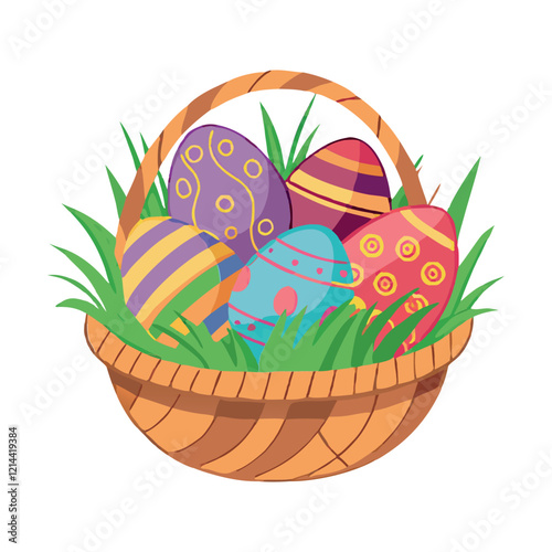 A woven Easter basket filled with colorful, decorated eggs, vector illustration