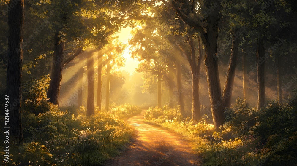 Obraz premium Golden Hour Forest Path Sunbeams Through Trees