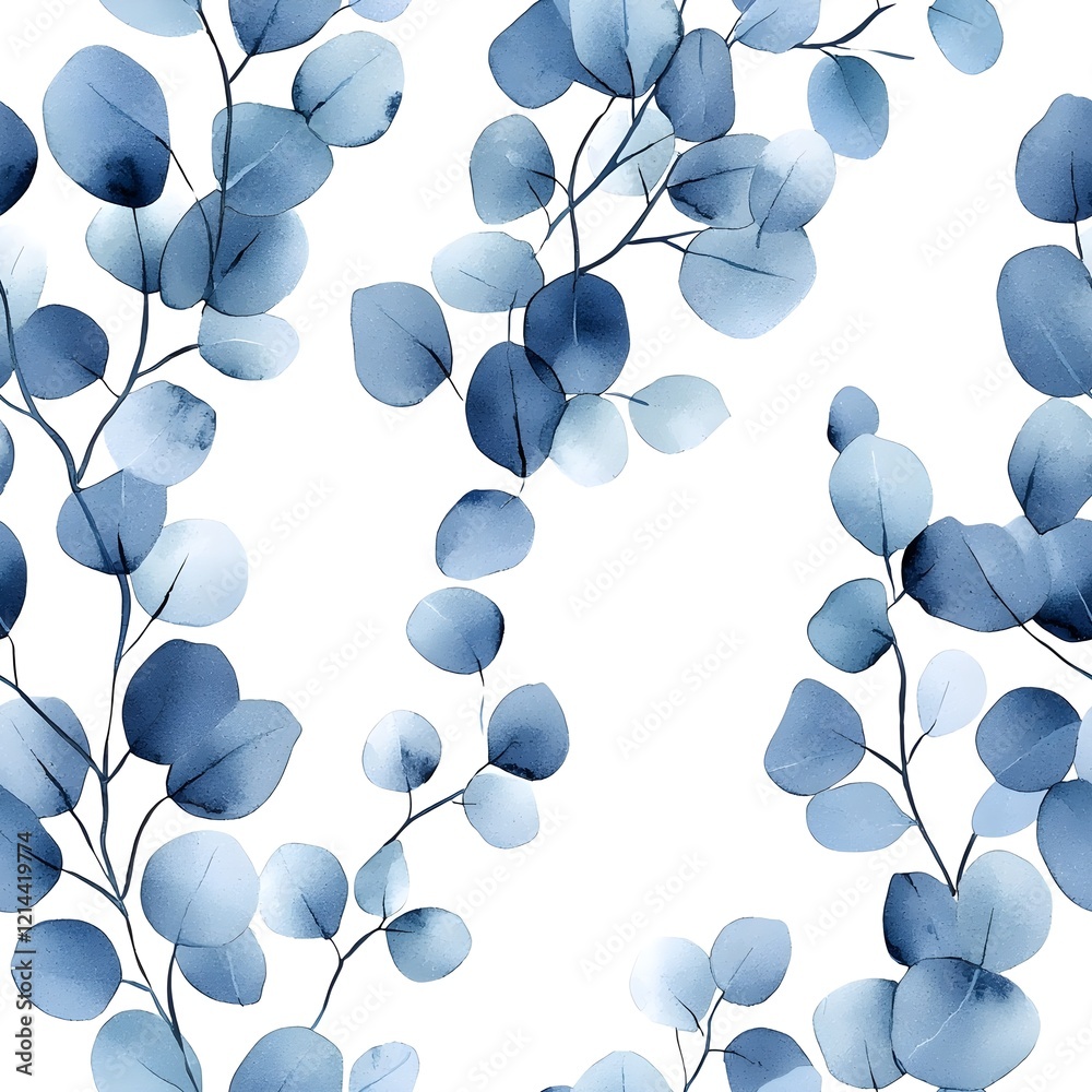 A seamless pattern of blue eucalyptus branches painted in watercolor on a white background A seamless pattern of blue eucalyptus branches painted in watercolor on a white background
