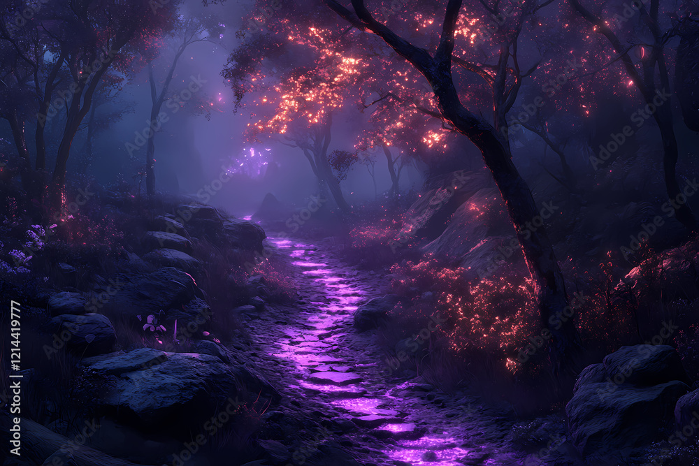 A mystical forest at sunset bathed in deep amethyst hues. The scene captures the enchanting glow of twilight with vibrant purple tones A mystical forest at sunset bathed in deep amethyst hues. The scene captures the enchanting glow of twilight with vibrant purple tones