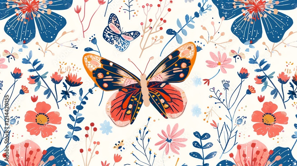 Naklejka premium A vibrant floral pattern with butterflies in shades of pink, blue, yellow, and orange on a white background.