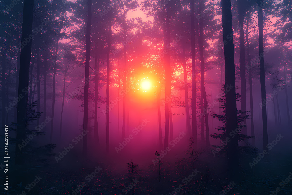 A mystical forest at sunset bathed in deep amethyst hues. The scene captures the enchanting glow of twilight with vibrant purple tones