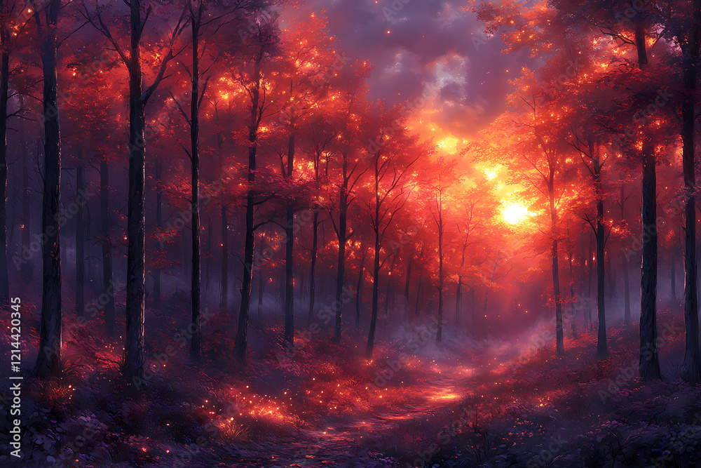 A mystical forest at sunset bathed in deep amethyst hues. The scene captures the enchanting glow of twilight with vibrant purple tones