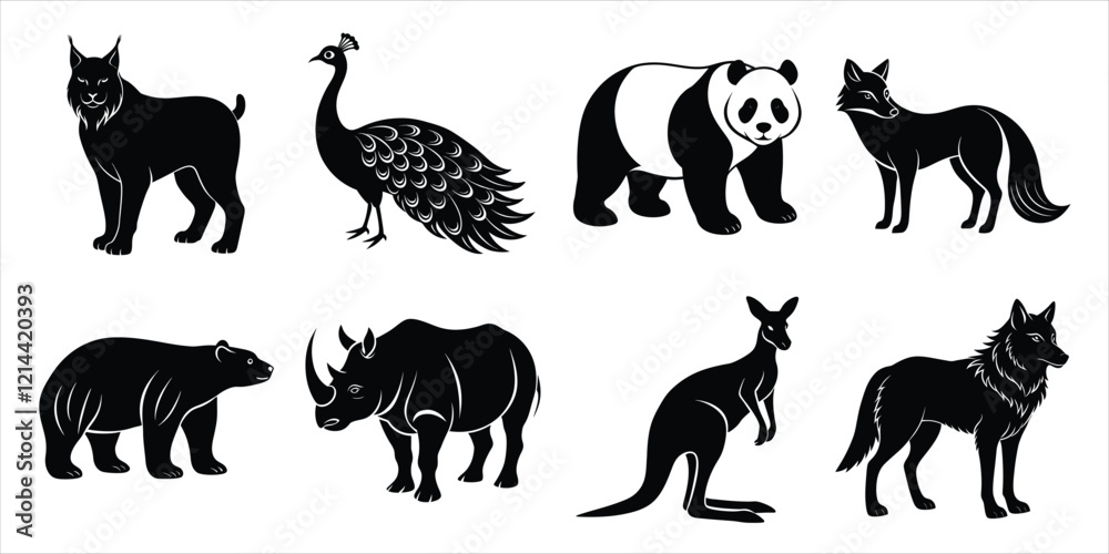 Fototapeta premium Wild animals silhouette set. Wildlife animals vector illustration