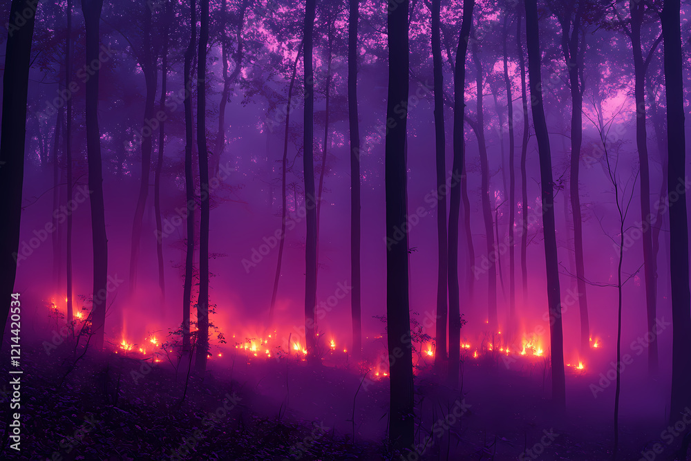 Fototapeta premium A mystical forest at sunset bathed in deep amethyst hues. The scene captures the enchanting glow of twilight with vibrant purple tones