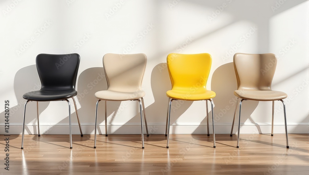 Obraz premium Four elegantly aligned chairs create a striking contrast against a pristine white wall. Black, beige, and yellow blend harmoniously, supported by sleek metal legs atop warm wooden floors
