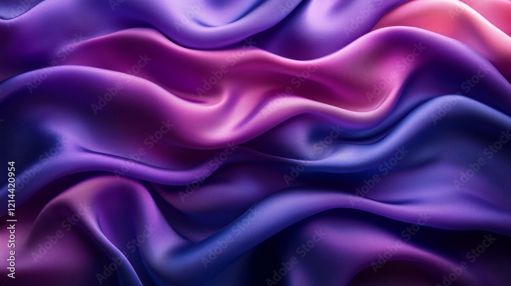 Fototapeta premium Luxurious purple and blue silk fabric flowing with smooth, elegant waves, creating abstract textural background of soft, shimmering texture